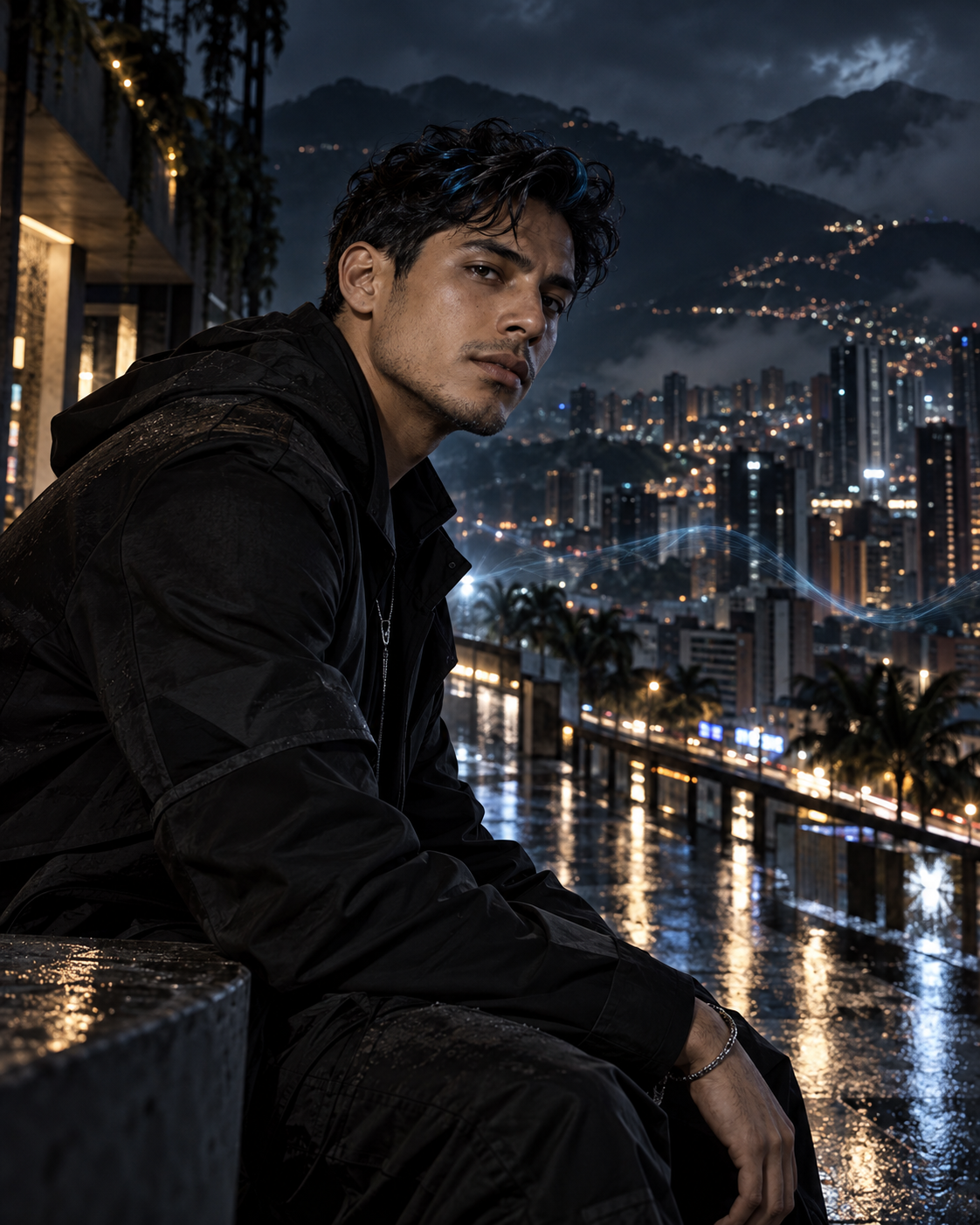 Vein, seated high above the Earth at night in the rain